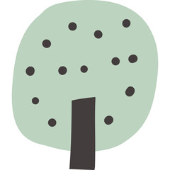Abstract illustration of a pale green tree with a dark brown trunk and scattered dark dots representing leaves on a transparent background in a minimalistic style.