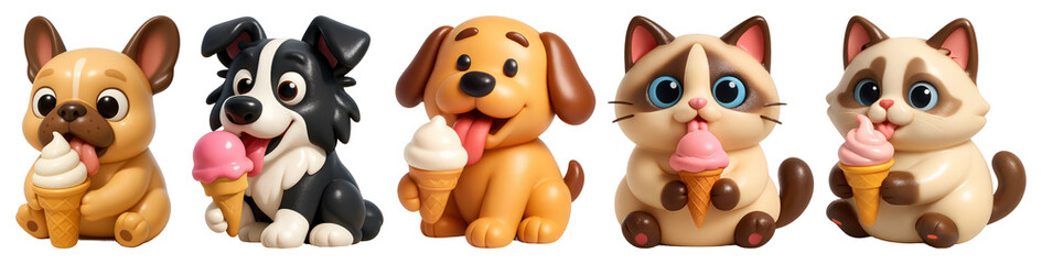 Naklejka premium PNG Cute cartoon animals enjoying ice cream, element set on transparent background