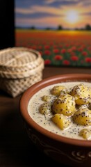 Creamy Bangladeshi Aloo Posto in Ceramic Bowl &ndash; White Poppy Seed Potato Curry with Poppy Field Painting & Bamboo Basket | Comforting Home-Style Food
