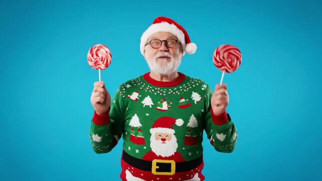 Green Screen senior grandfather old man in christmas sweater hat holding candy striped lollipops fooling around dancing making silly faces isolated on blue background happy new yearcelebration merry