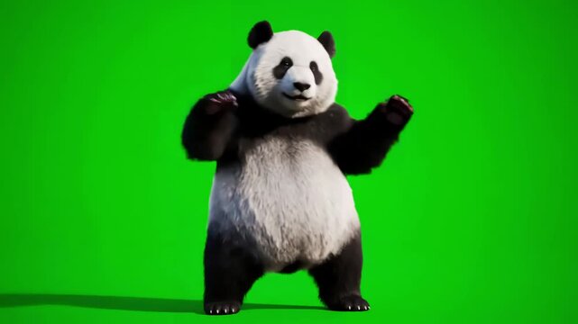 Green Screen panda zoo cg fur 3d rendering animal realistic cgi vfx animation loop crowd dance composition mapping cartoon with alpha channel scene 1 distortion, overlay, glitch, static noise, scan
