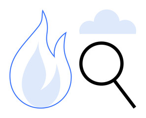 Flame, cloud, and magnifying glass emphasizing exploration, innovation, technology, data, research, digital analysis connectivity. Ideal for discovery digital search research trends simple flat