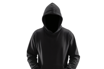 Mysterious figure in a black hooded sweatshirt conceals identity, projecting an aura of intrigue and anonymity for modern themes.