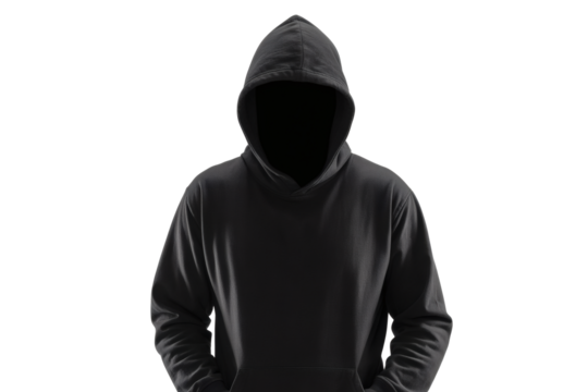 Mysterious figure in a black hooded sweatshirt conceals identity, projecting an aura of intrigue and anonymity for modern themes.