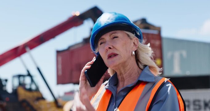 Phone call, container or woman on site for logistics, tracking cargo or conversation on shipping service. Discussion, freight or customs officer in depot with tech, ppe or safety assurance of export.