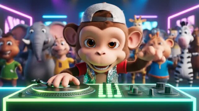 playful cartoon monkey dj spinning records for animal party