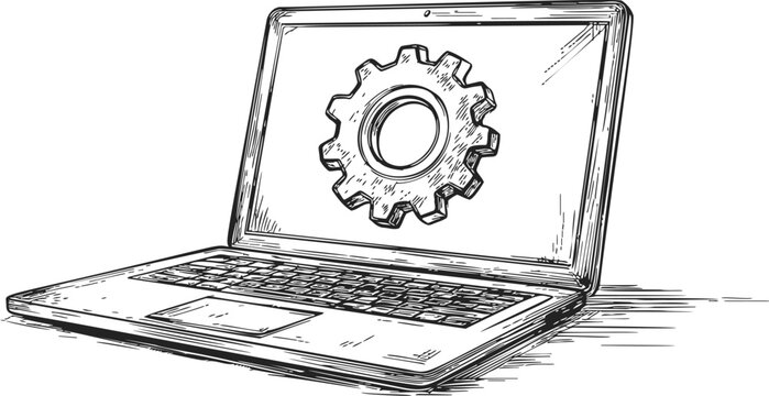 Laptop sketch hand drawn with gear icon on screen, technology concept — stock vector