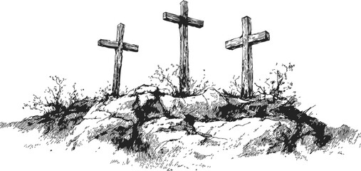 Three crosses sketch hand drawn on rocky hill with sparse vegetation — stock vector