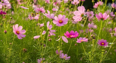 A field of cosmos flowers in full bloom outdoors