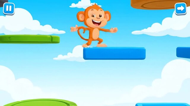 happy cartoon monkey jumping platforms sky adventure