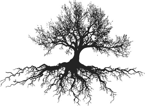 Tree silhouette sketch, hand drawn style with exposed roots and detailed branches &mdash; stock vector