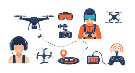 Drone Control and FPV Pilot Vector Illustration for Aerial Photography Technology Flat Design