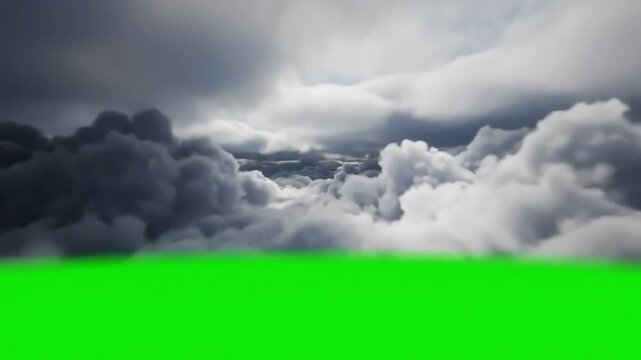 Dynamic Cloud Flythroughs with fly into the green screen effect of flying multi layered clouds distortion, overlay, glitch, static noise, scan lines on black background, 4k animated video loop