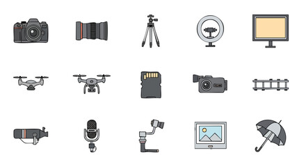 Photography Equipment Icons Vector Set Flat Design for Camera and Video Production Tools