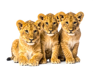 Obraz premium Three lion cubs sitting and lying looking at camera