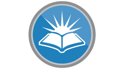 White open book with sunburst in a blue circle with gray trim on white background