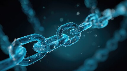 Fototapeta premium Abstract depiction of a glowing chain link structure with luminescent particles floating in a dark virtual environment for digital art and technology themes
