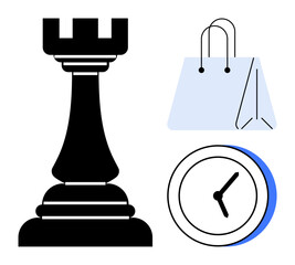 Black chess rook piece symbolizing strategy, a shopping bag for commerce, and a clock for time management. Ideal for business, decision-making, prioritization, commerce, efficiency, strategy retail