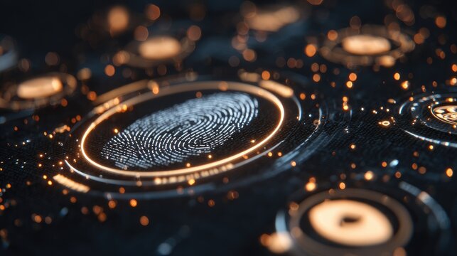 Futuristic digital fingerprint technology on dark background with glowing lines and abstract elements representing security and identity verification systems