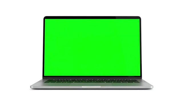 Digital Content Placement with modern laptop a green screen is opening on white background 4k animation alpha channel 3d rendering distortion, overlay, glitch, static noise, scan lines black