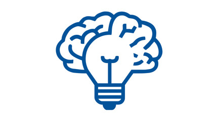 Simplified illustration of a brain lightbulb in blue on white background