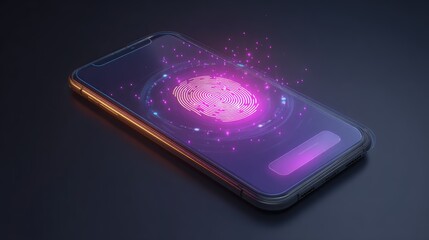 Futuristic smartphone with fingerprint scanner displaying holographic fingerprint and colorful sparkles on dark background for technology concepts