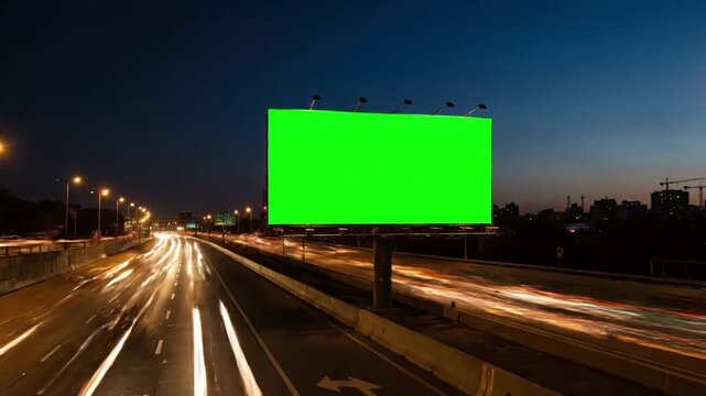 Green Screen Technology with 4k advertising billboard on sidelines of expressway traffic at evening time lapse distortion, overlay, glitch, static noise, scan lines black background, animated video