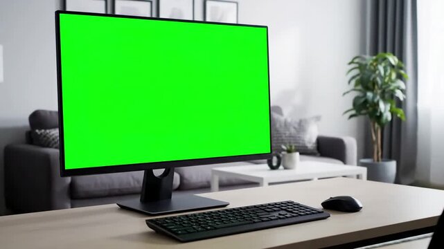 Green Screen Setup with side view of man sitting in front computer big mock up chroma typing on the keyboard he is living room his house distortion, overlay, glitch, static noise, scan lines black