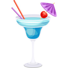 Blue Cocktail with Red Cherry and Purple Umbrella Garnishes with Red and Purple Straws in a Clear Margarita Glass on a White Background