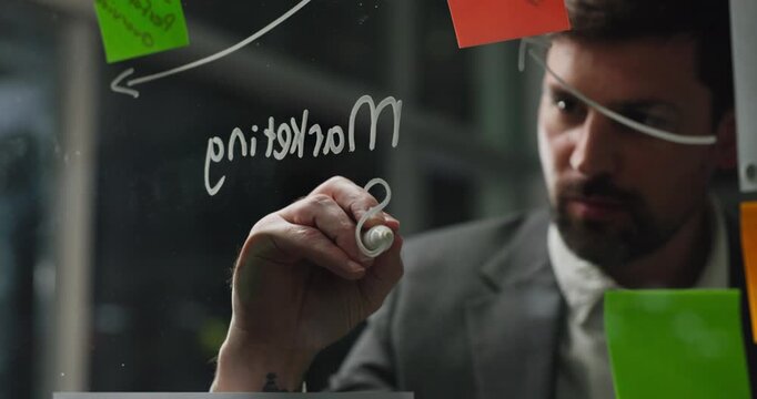 Glass wall, sticky note or man in office at night, campaign or audience targeting in brainstorming. Writing, bokeh or marketing strategist in agency with mind map, planning or ideas on late shift.