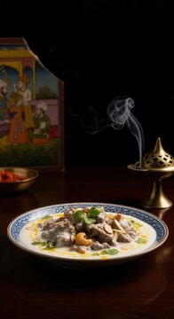 Mughal-Inspired Bangladeshi Beef Rezala in Ceramic Dish &ndash; Yogurt-Cashew Sauce with Kewra, Mughal Miniature & Brass Incense Backdrop | Refined Evening Food Photography
