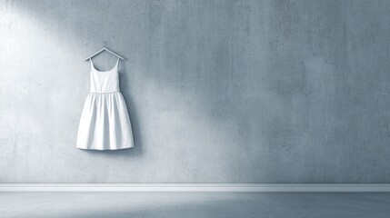 Elegant white dress hanging on a gray wall with copy space and overhead light