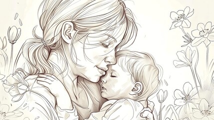 Fototapeta premium Tender moment between mother and child in a serene floral setting