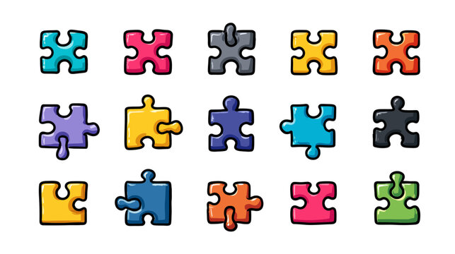 Fifteen colorful puzzle pieces with black outlines, arranged in three rows