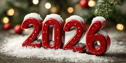 3d red numbers 2026 in the snow with gifts