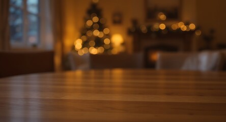 Empty wooden table top with a blurred background of a cozy living room decorated for Christmas with a lit tree and fireplace