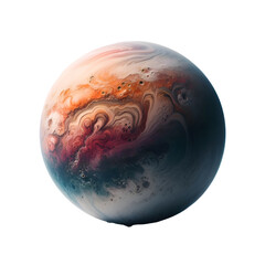 A high-quality artwork image of a fantasy planet, digitally designed to combine vivid colors with the fluid texture of cosmic clouds. The scene displays gas swirls and waves of orange, blue, and white