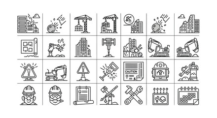 Collection of demolition construction icons set of thin line vector illustrations for website, mobile app, and graphic design
