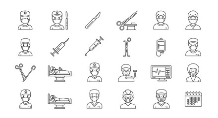 Fototapeta premium Illustration of surgery and medical procedures icons scalpel, syringe, doctor, patient, and other medical equipment
