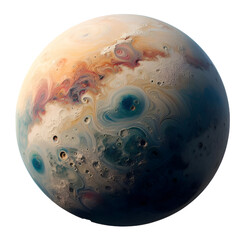A high-quality artwork image of a fantasy planet, digitally designed to combine vivid colors with the fluid texture of cosmic clouds. The scene displays gas swirls and waves of orange, blue, and white
