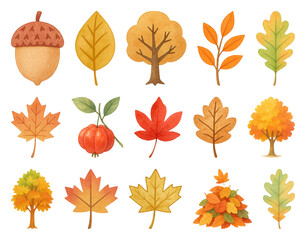 Obraz premium PNG Colorful autumn leaves and trees, element set on transparent background
