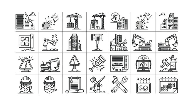 Collection of demolition construction icons set of thin line vector illustrations for website, mobile app, and graphic design