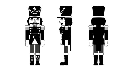 A crisp black and white vector illustration shows a traditional wooden nutcracker soldier from front, side, and back views, ideal for festive holiday graphics.