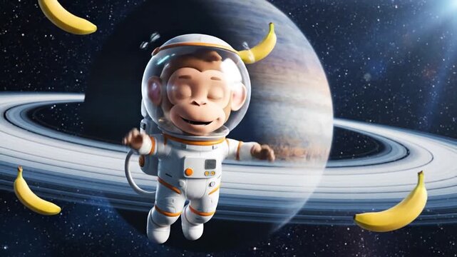 cute monkey astronaut explores space with bananas