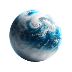 A high-quality artwork image of a fantasy planet, digitally designed to combine vivid colors with the fluid texture of cosmic clouds. The scene displays gas swirls and waves of orange, blue, and white