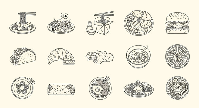 Collection of handdrawn icons representing various types of food, offering a visual guide to culinary delights