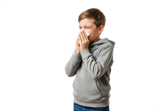 Young boy with a cold or allergy blowing his nose into a tissue against a white background.