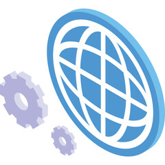 Blue Globe Icon With Two Light Purple Gears Symbolizing Global Network Connectivity And Mechanical Engineering In A Clean Isometric View On A Transparent Background