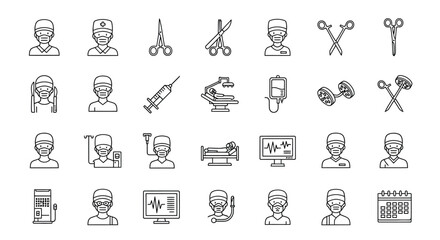 Surgical operation and medical outline icon set collection of surgery, doctor, nurse, equipment and instrument