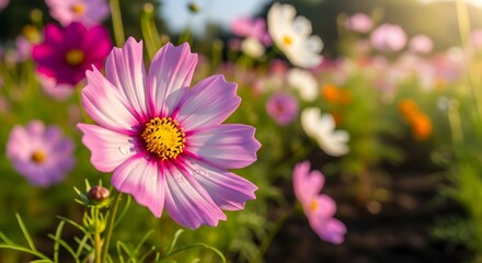 Obraz premium A field of cosmos flowers in the warm sunlight